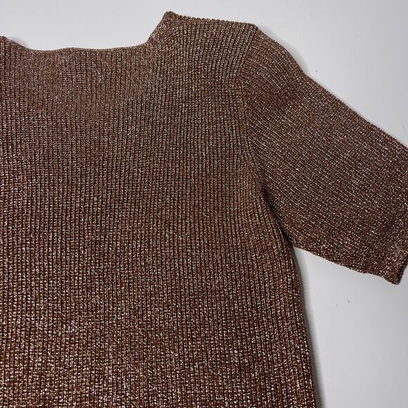 Vintage 90s Christine Phillipe Rose Gold Metallic Knit Short Sleeve Sweater - Picture 4 of 6